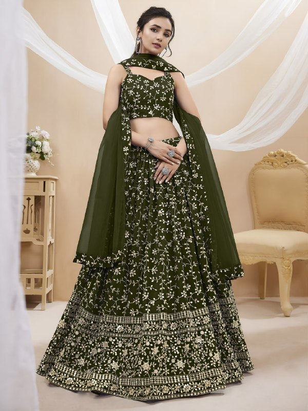 Olive Green Georgette Lehenga Choli with Zari & Sequins Embroidery | Wedding Lehenga