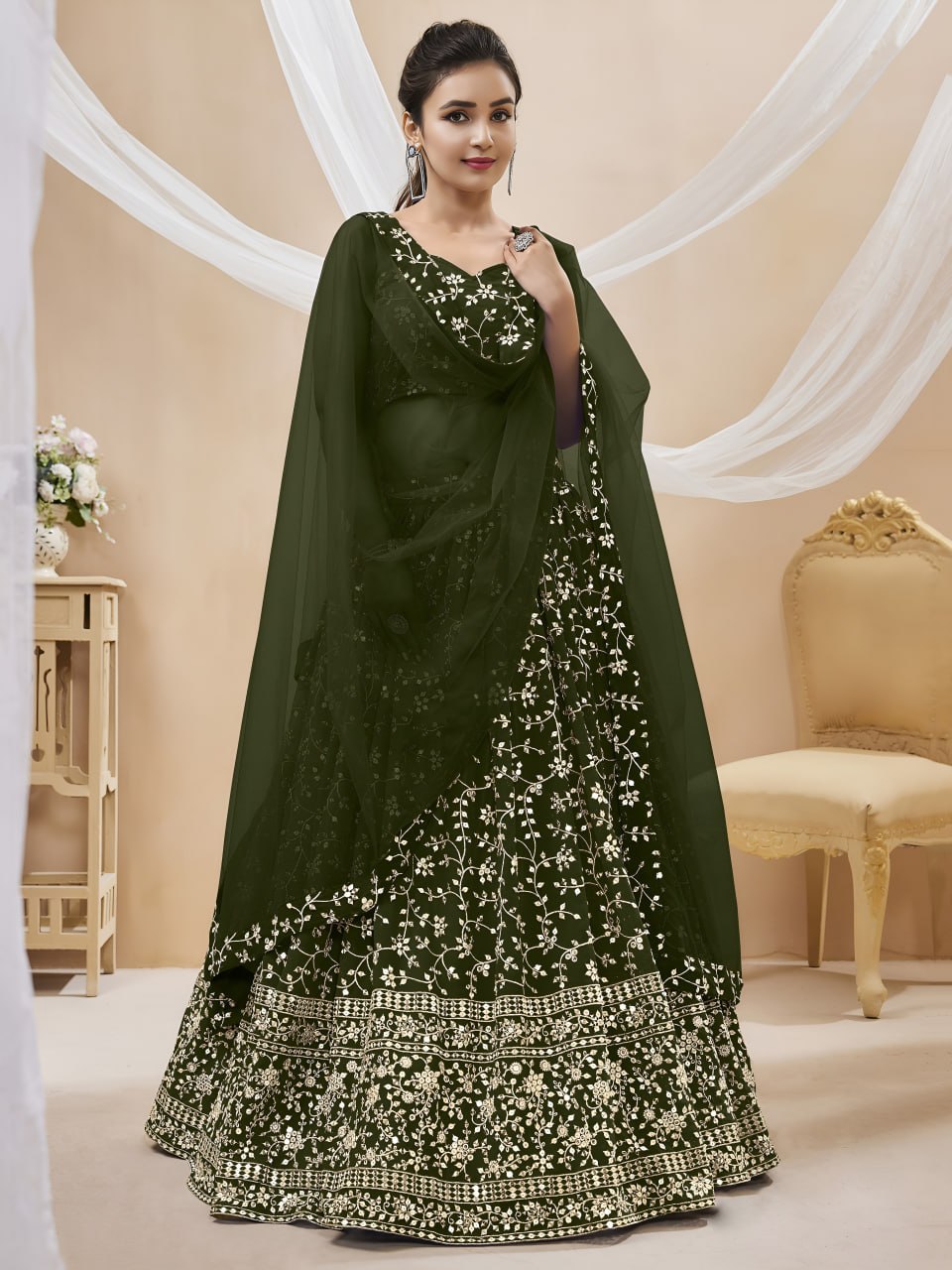 Olive Green Georgette Lehenga Choli with Zari & Sequins Embroidery | Wedding Lehenga