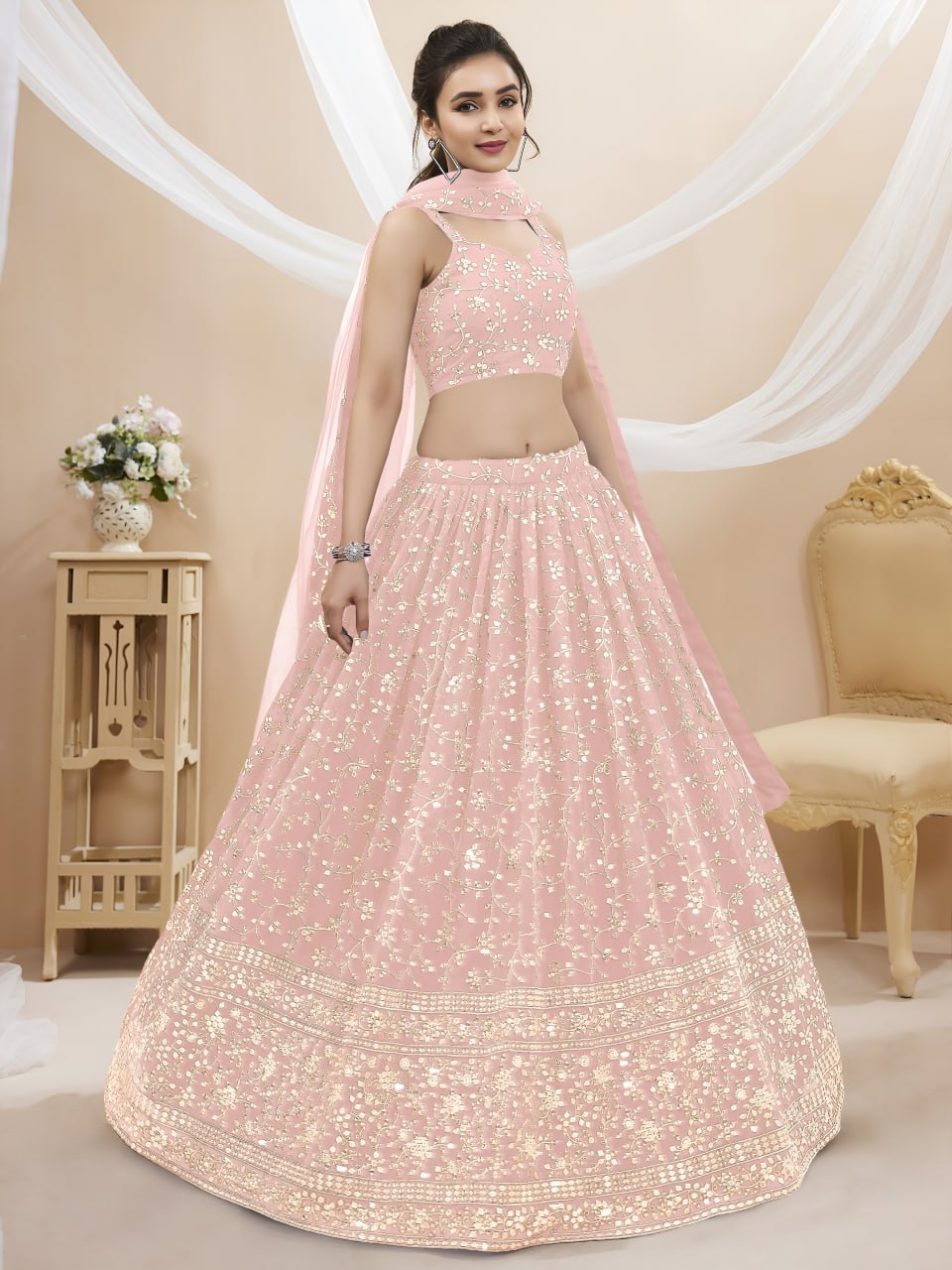 Blush Pink Georgette Lehenga Choli with Zari Sequins Embroidery | Wedding Lehenga