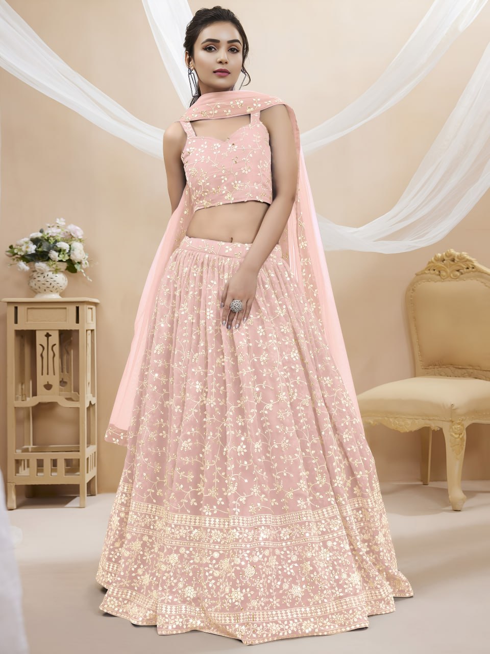 Blush Pink Georgette Lehenga Choli with Zari Sequins Embroidery | Wedding Lehenga