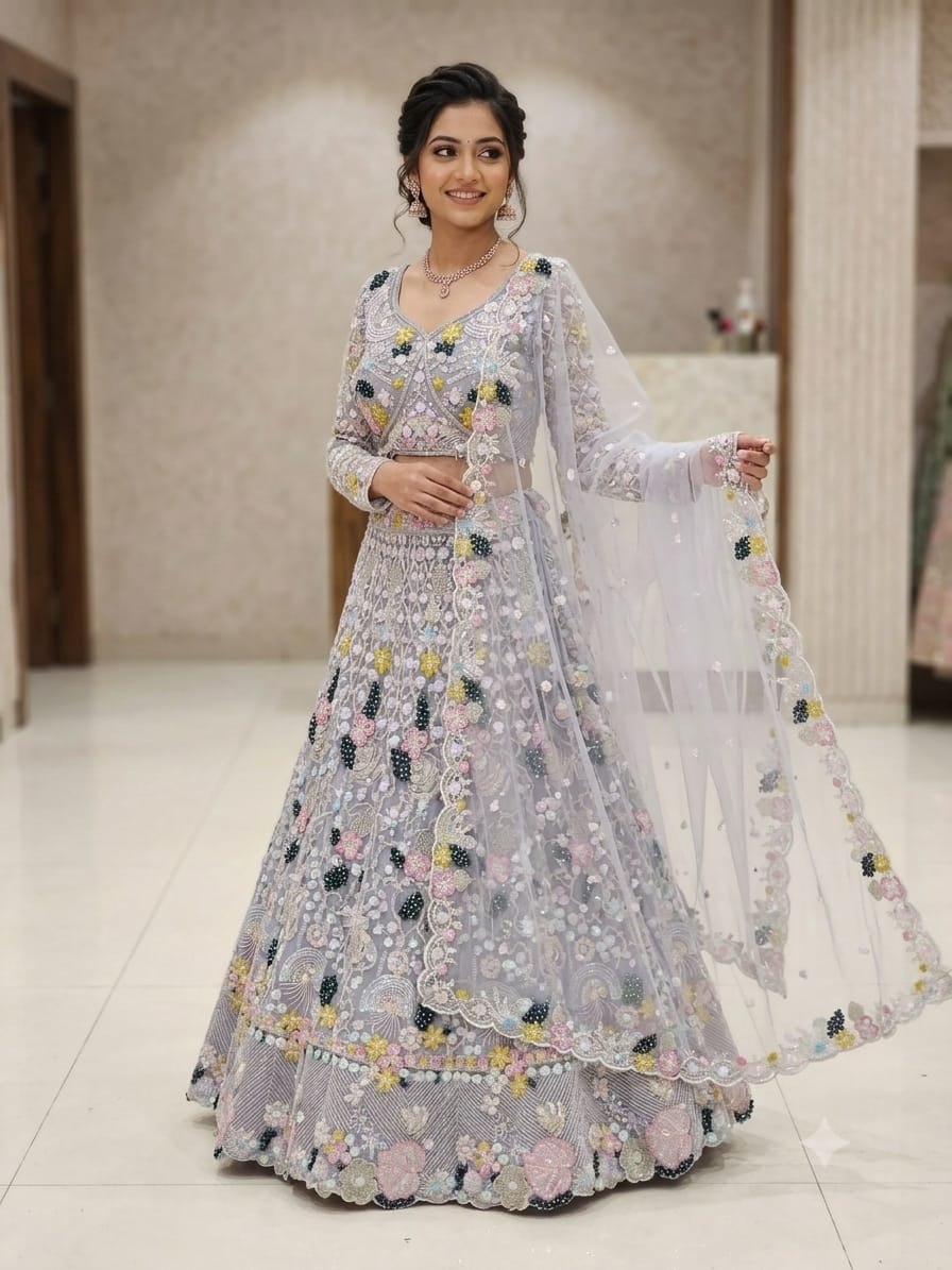 Premium Butterfly Soft Net Lehenga Choli with Multi Thread Embroidery, Dori & Heavy Sequins | Indian Bridal Wedding Party Wear