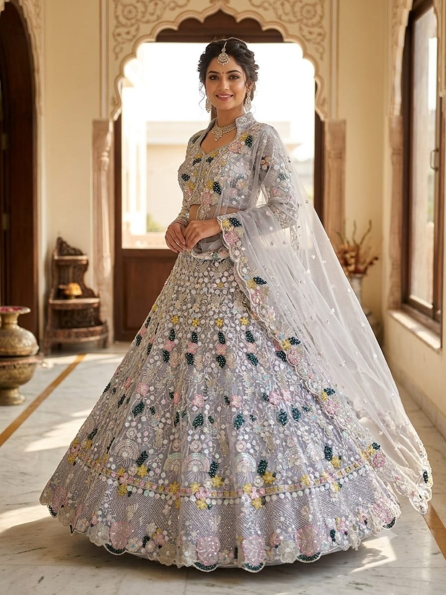 Premium Butterfly Soft Net Lehenga Choli with Multi Thread Embroidery, Dori & Heavy Sequins | Indian Bridal Wedding Party Wear