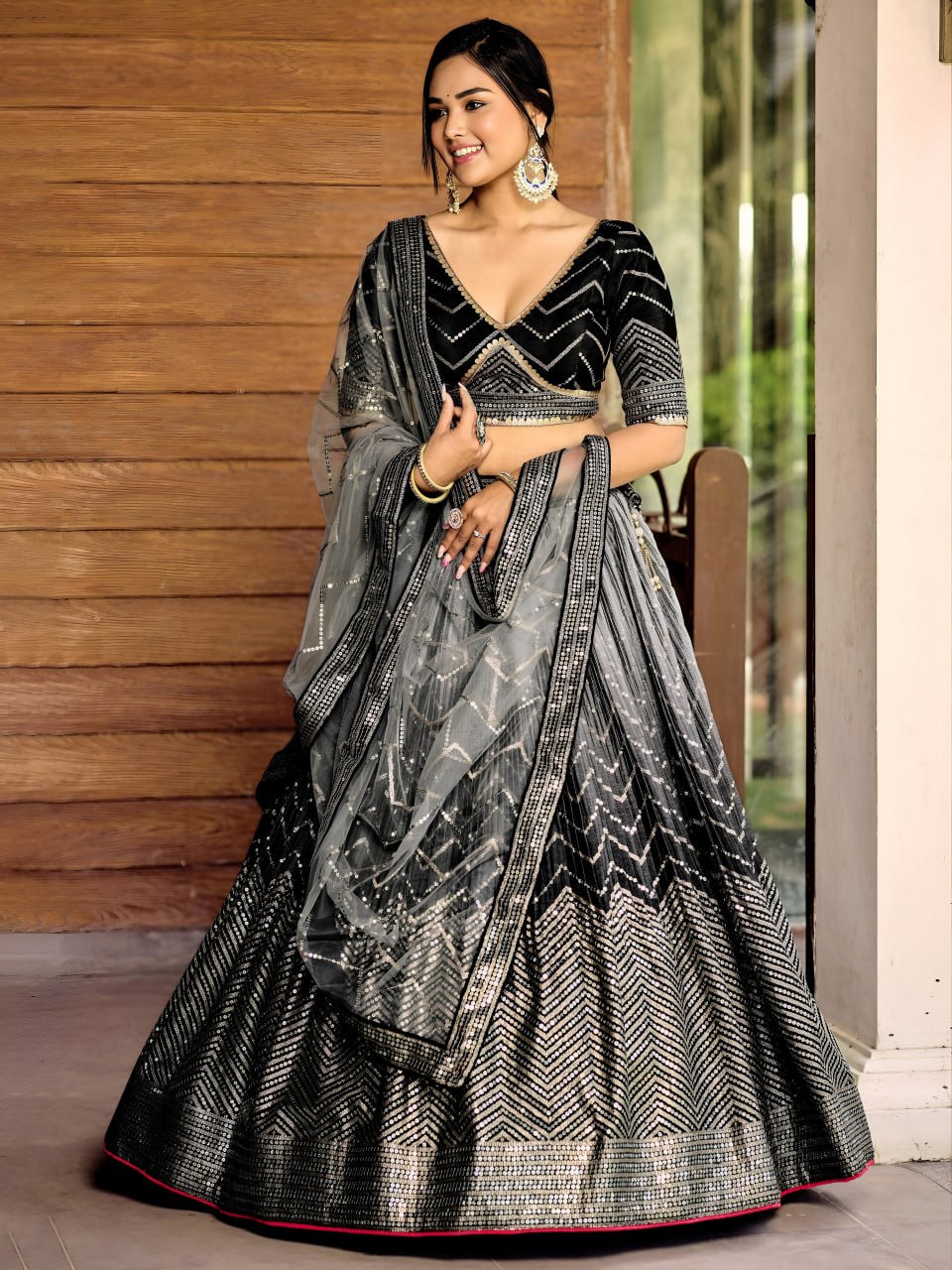 Midnight Black Chinnon Lehenga Choli with Thread & Sequins Embroidery | Wedding Reception