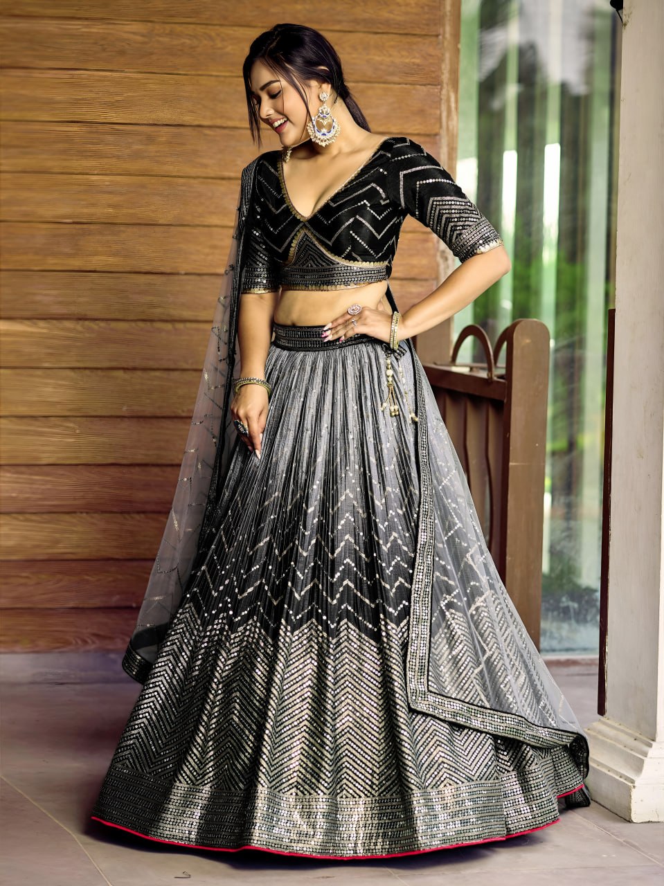Midnight Black Chinnon Lehenga Choli with Thread & Sequins Embroidery | Wedding Reception