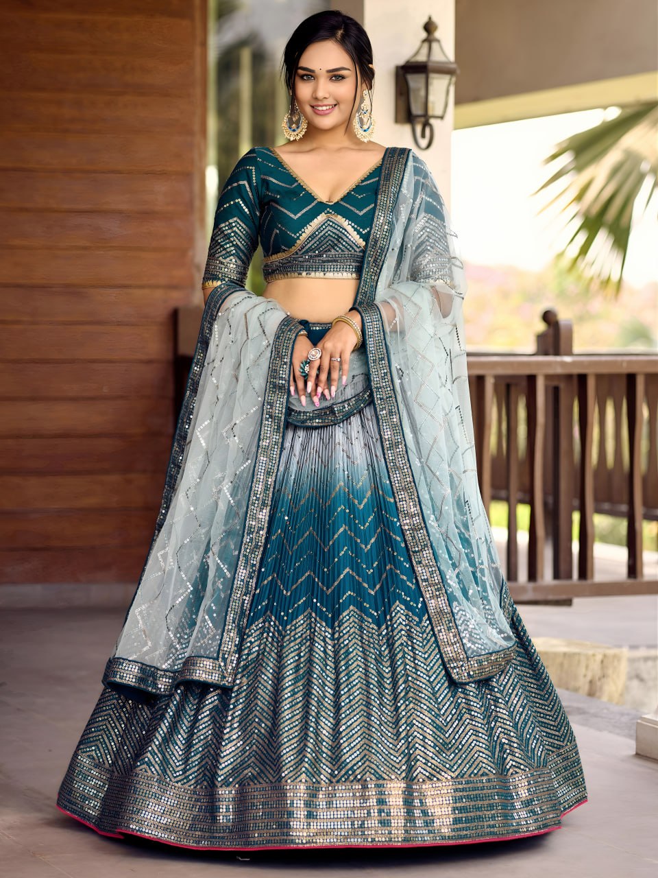 Teal Ombre Chinnon Lehenga Set, Sequins Embroidered Indian Wedding Outfit