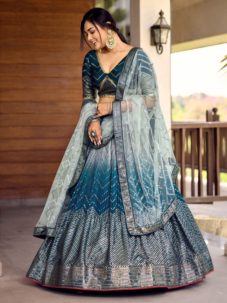 Teal Ombre Chinnon Lehenga Set, Sequins Embroidered Indian Wedding Outfit