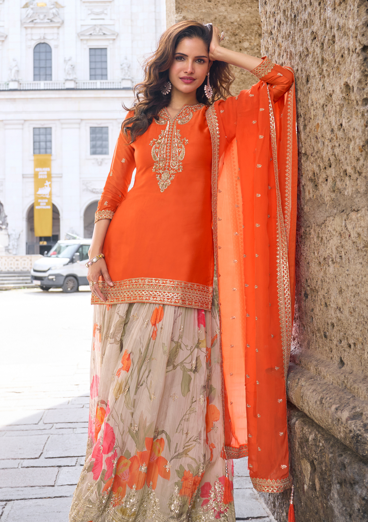Real Chinon & Tabi Silk Digital Orange Color Salwar Suit with Embroidery – Sizes L to 3XL