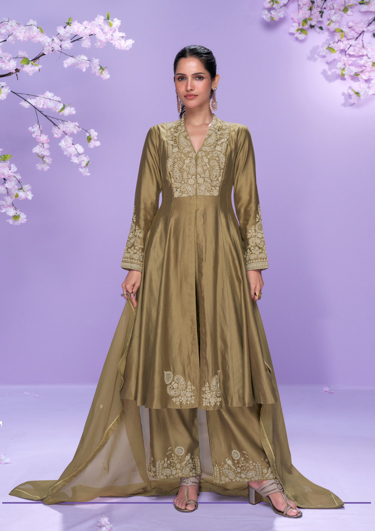 Real Premium Roman Silk Embroidered Salwar Suit with Long-Cut Top & Organza Dupatta – Sizes L to XXL