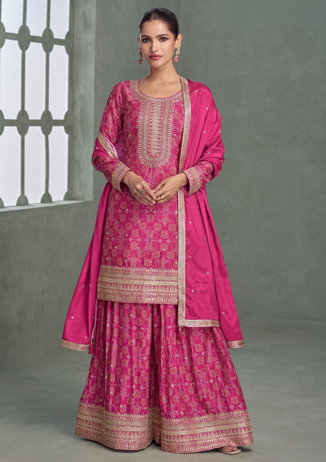 Premium Pink Color Chinnon Silk Salwar Suit with Plazzo & Dupatta – Free Size Stitched Designer Suit