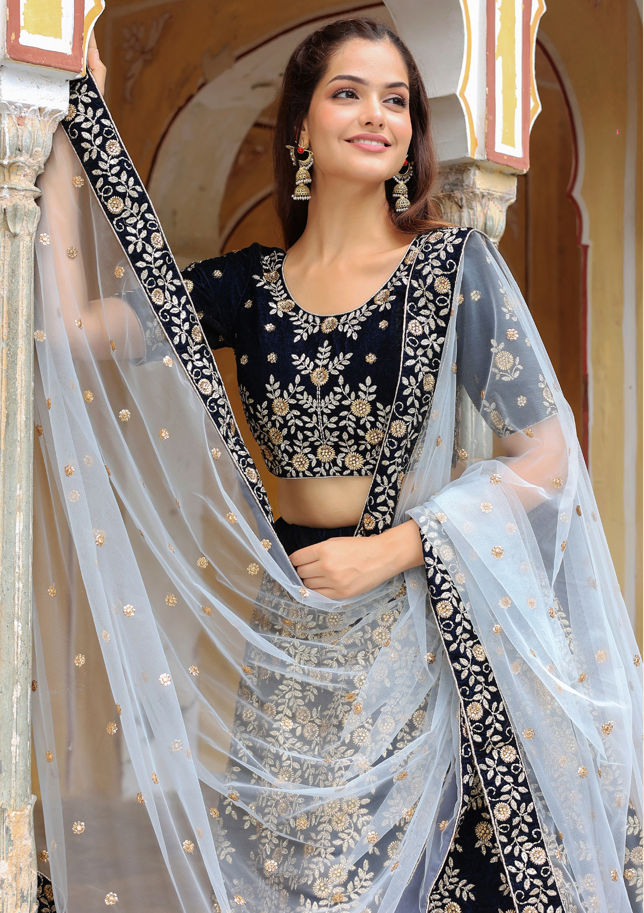 Navy Blue Velvet Embroidered Lehenga Choli with Diamond Work
