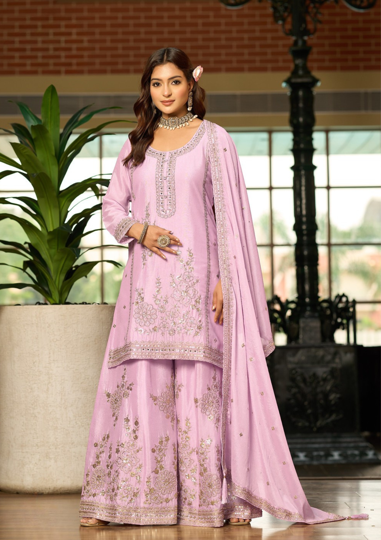 Premium Chinon Silk Embroidered Salwar Suit with Handwork & Heavy Palazzo – Sizes L to 3XL