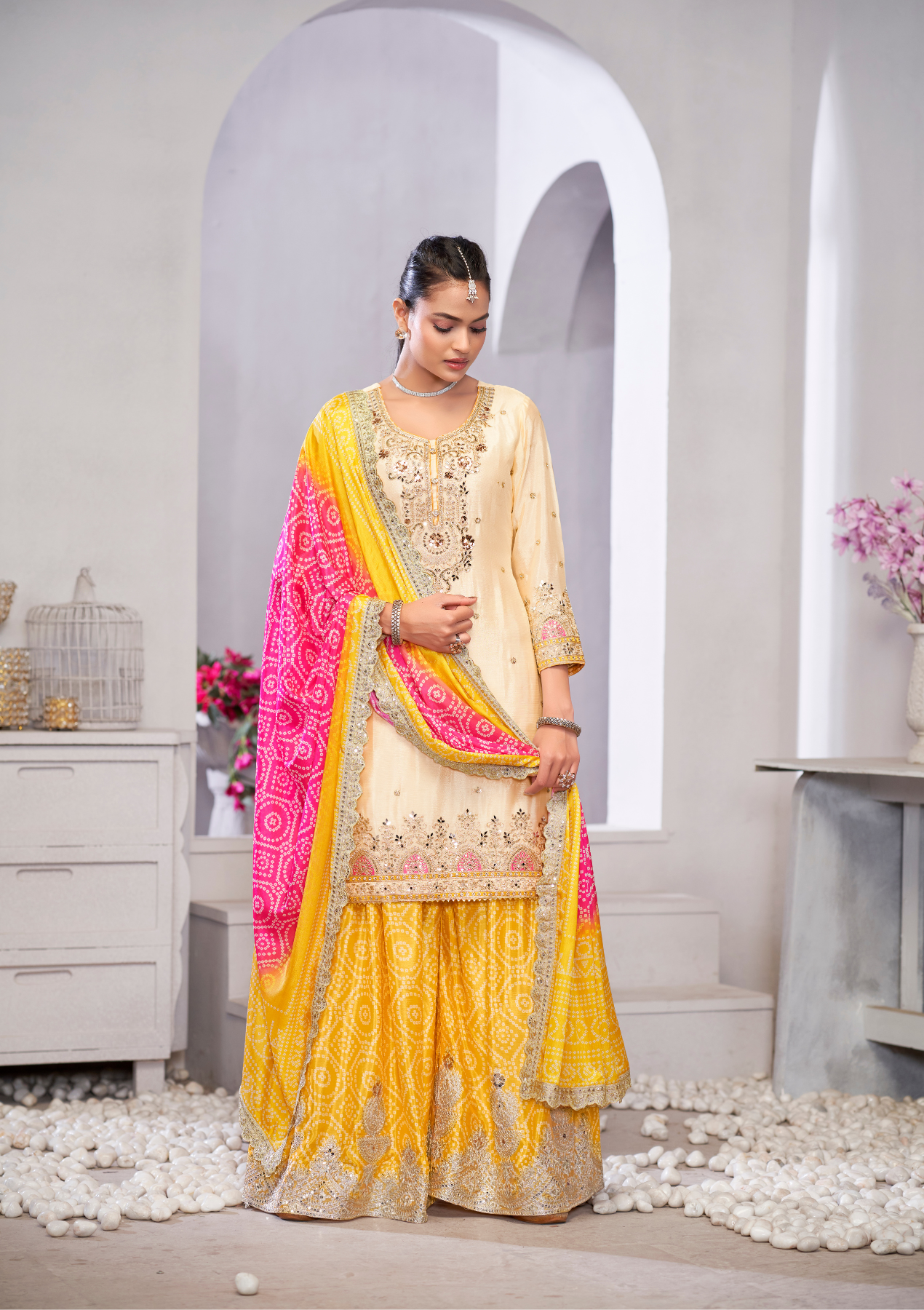Premium Chinnon Readymade Salwar Suit with Sharara & Digital Print Dupatta – Free Size XL