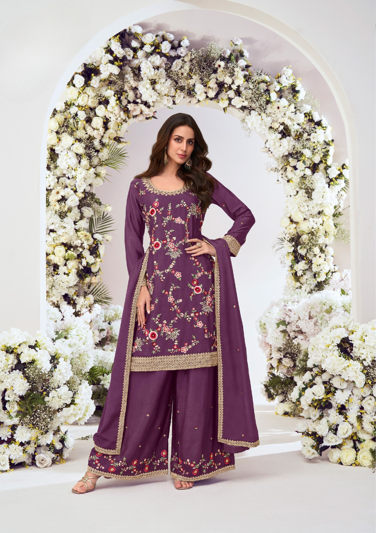 Heavy Premium Chinnon Embroidered Salwar Suit with Dupatta & Bottom – Free Size Stitched
