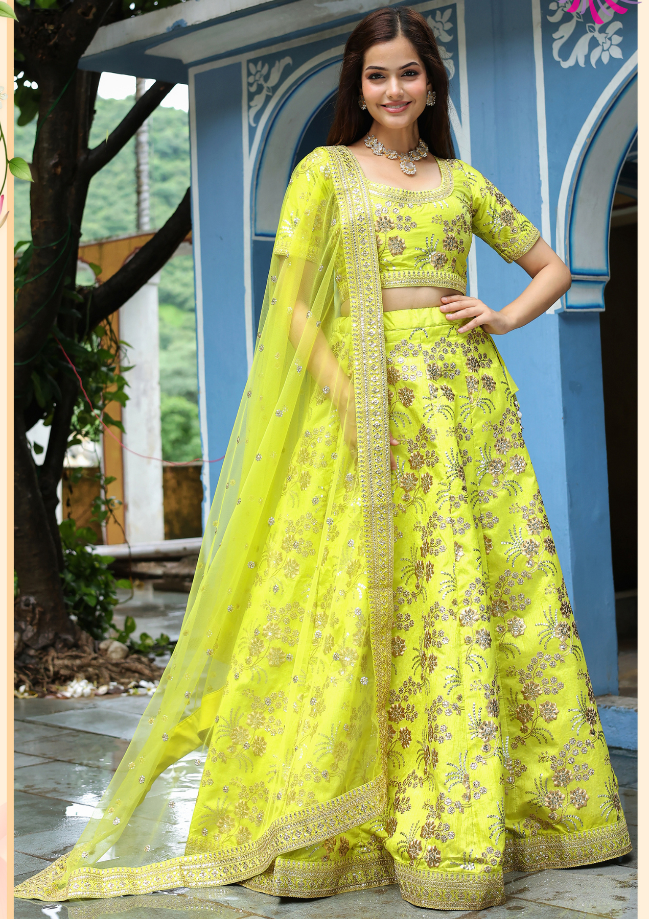 Neon Yellow Slub Silk Embroidered Lehenga Choli with Dupatta – Semi-Stitched
