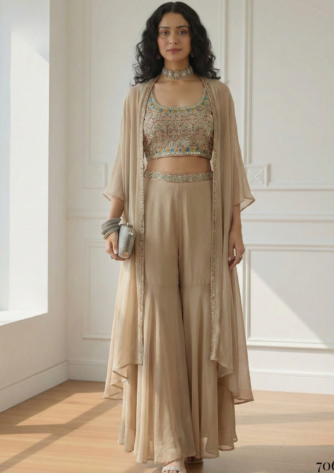 Georgette Blouse Sharara & Cape Set with Santoon Inner – Indo Western Outfit