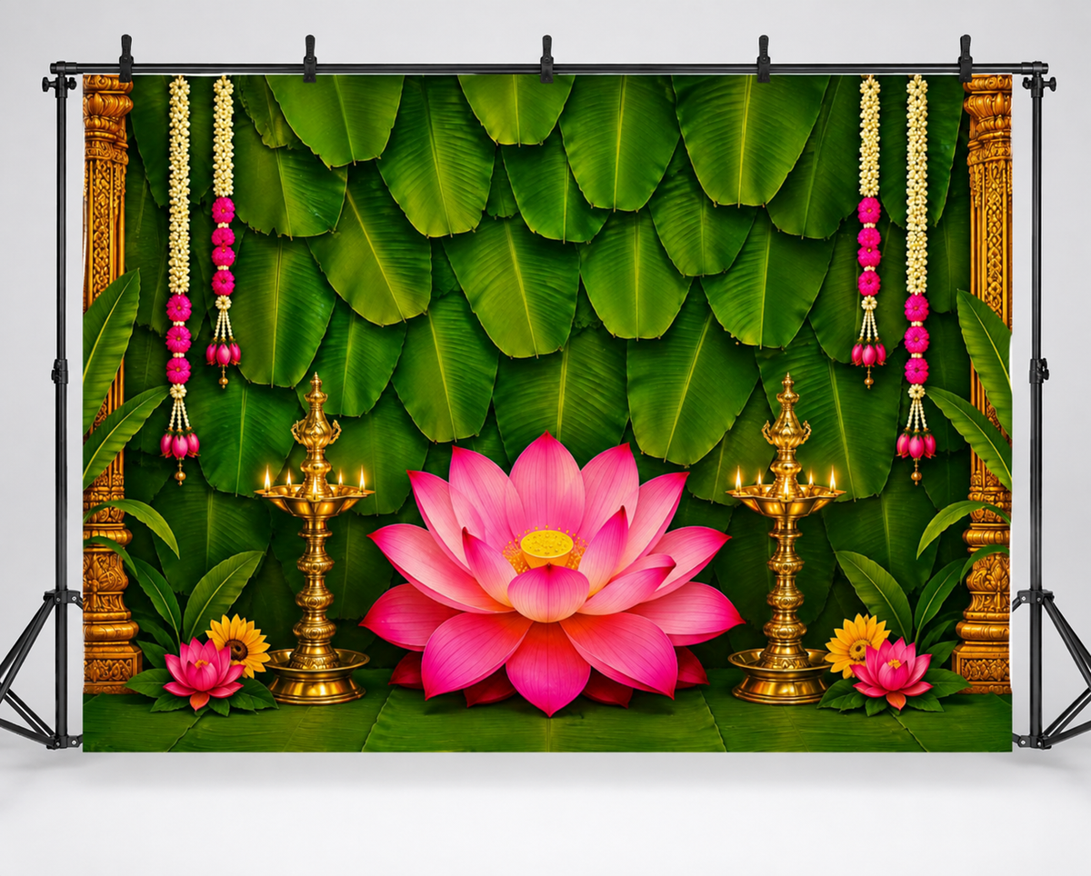Traditional Indian Lotus Diya Backdrop – Green Banana Leaf Floral Background with Pink Lotus, Brass Diyas, Jasmine Garlands & Temple Border for Pooja and Festive Decor
