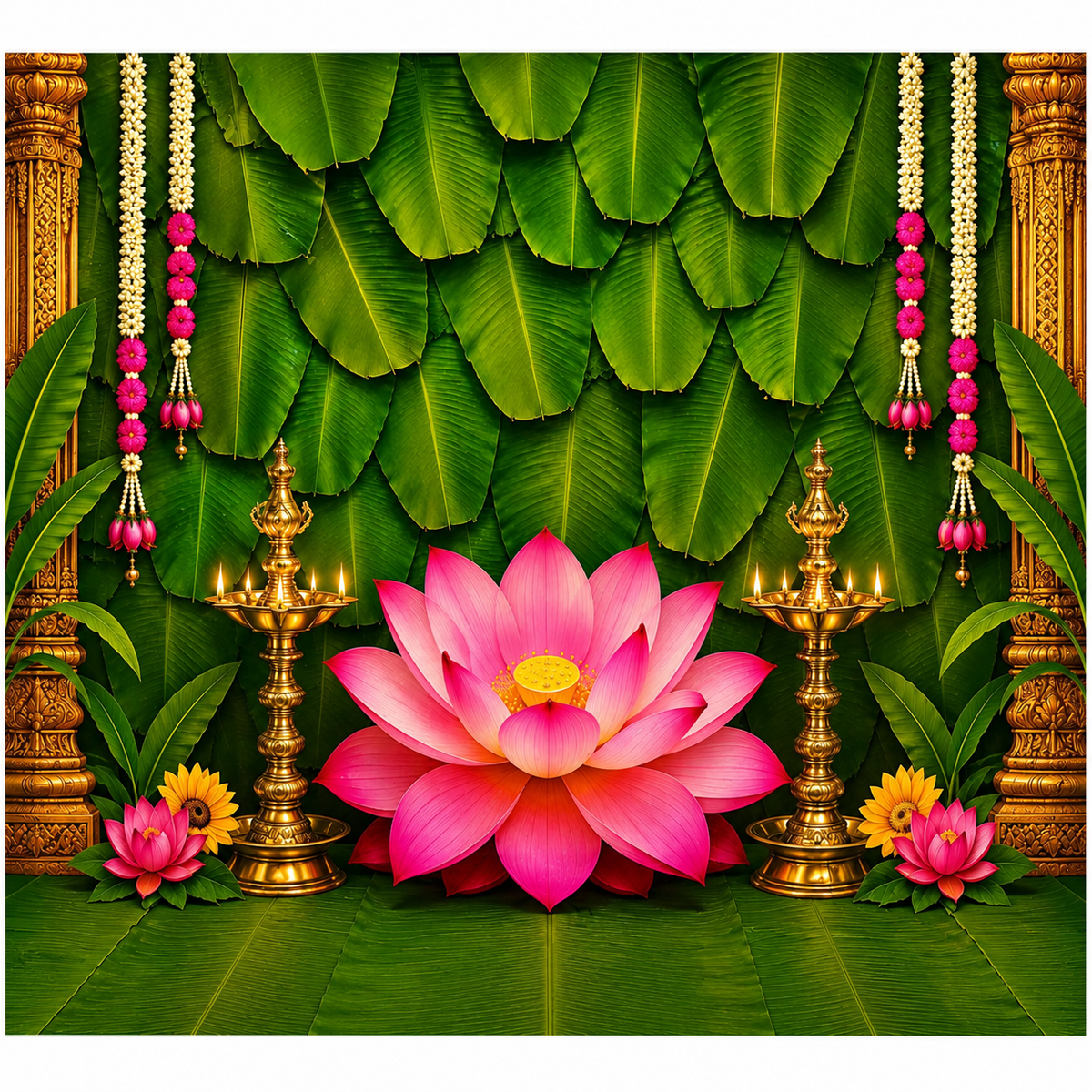 Traditional Indian Lotus Diya Backdrop – Green Banana Leaf Floral Background with Pink Lotus, Brass Diyas, Jasmine Garlands & Temple Border for Pooja and Festive Decor