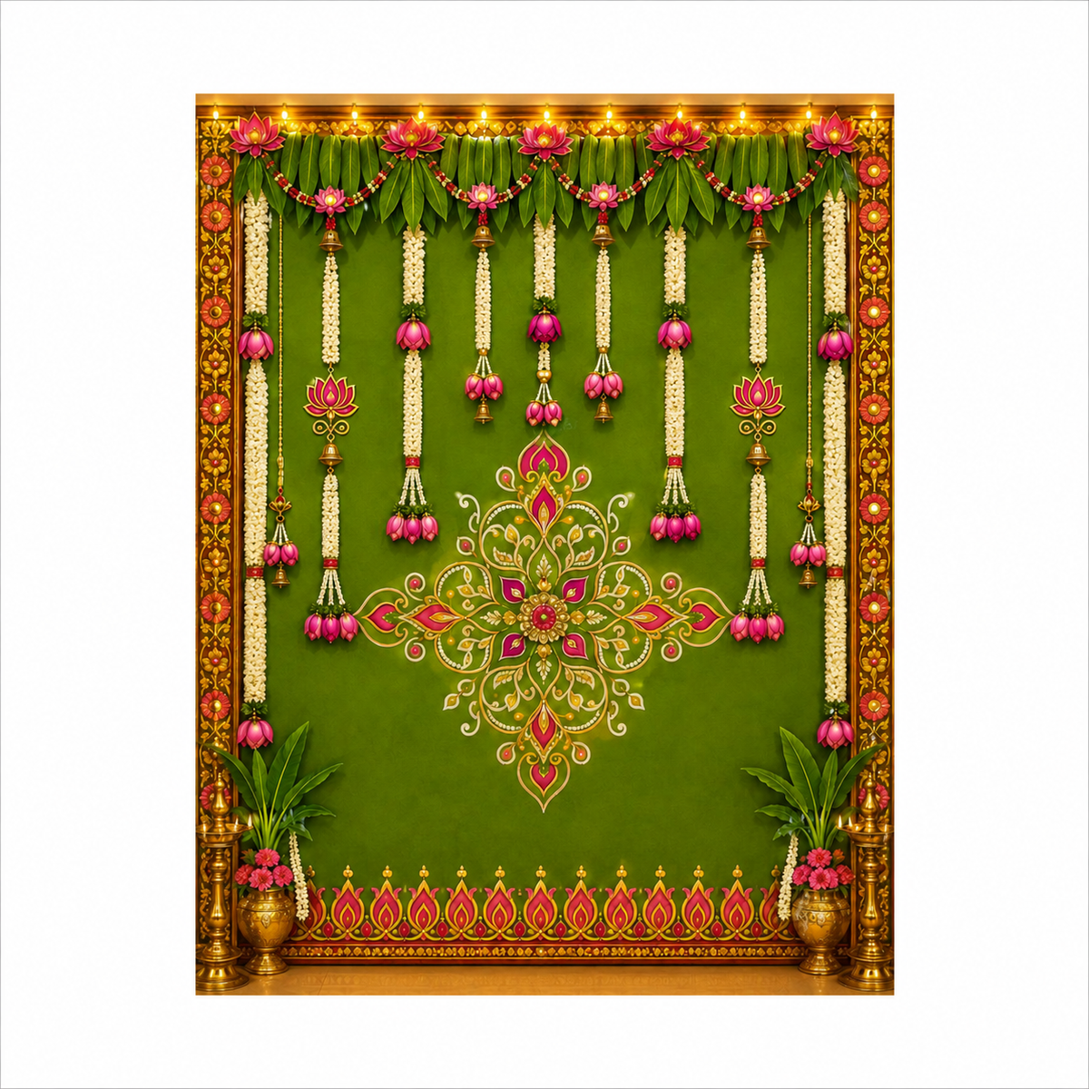 Traditional Indian Green Floral Mandap Backdrop – Lotus & Jasmine Garland Decoration with Hanging Bells, Diya Border & Rangoli Design for Pooja, Wedding and Festive Decor