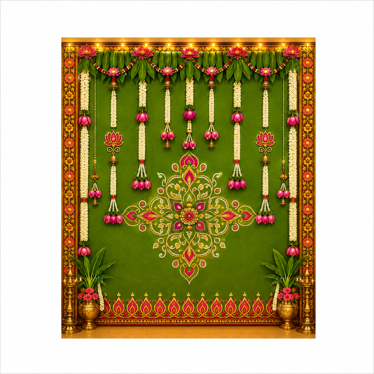 Traditional Indian Green Floral Mandap Backdrop – Lotus & Jasmine Garland Decoration with Hanging Bells, Diya Border & Rangoli Design for Pooja, Wedding and Festive Decor