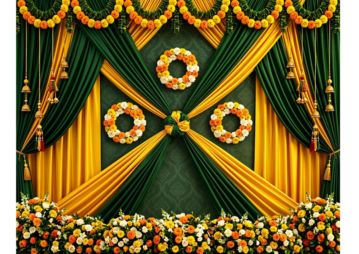 7 x 5 Feet Green & Gold Floral Backdrop – Luxury Indian Wedding Decoration Background with Draped Fabric, Marigold Garlands, Floral Rings & Hanging Bells