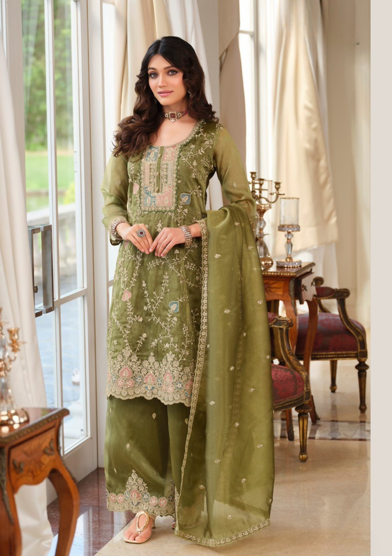 Elegant Simmer Green Embroidered Salwar Suit with Palazzo & Dupatta – Sizes M to 3XL