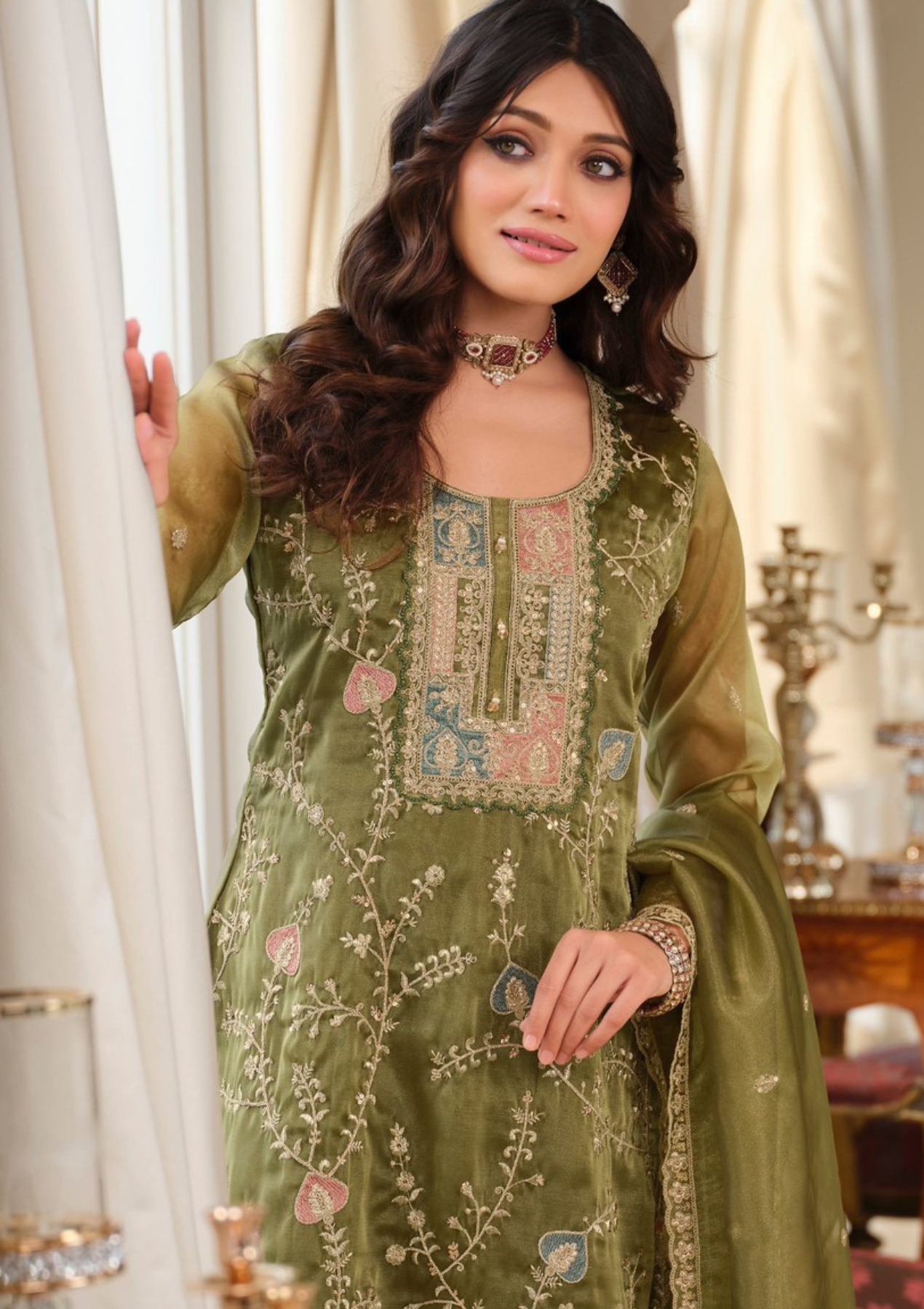 Elegant Simmer Green Embroidered Salwar Suit with Palazzo & Dupatta – Sizes M to 3XL