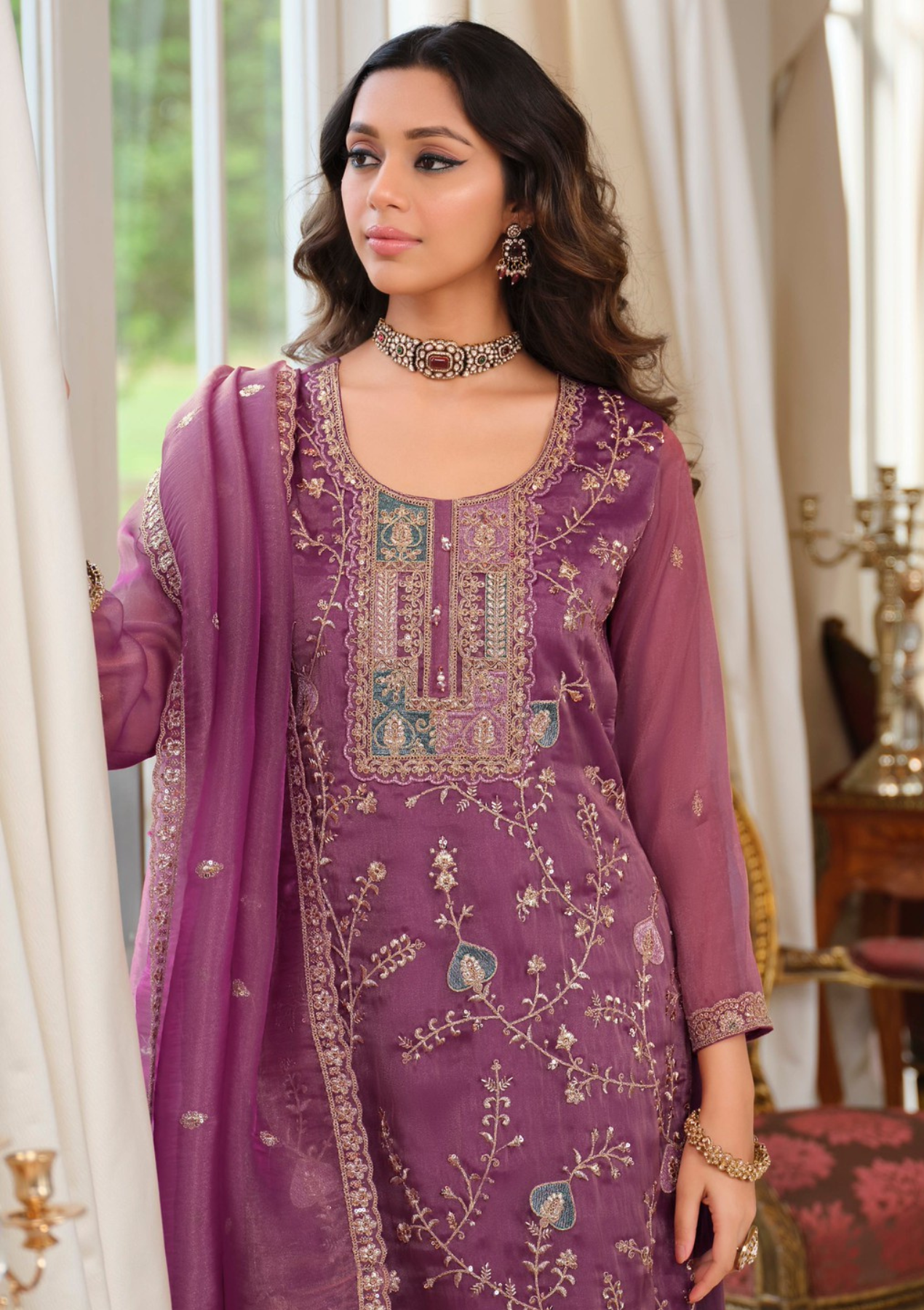 Elegant Simmer Pink Embroidered Salwar Suit with Palazzo & Dupatta – Sizes M to 3XL