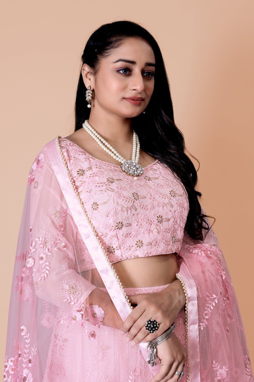 Georgette Lehenga Choli with Zari & Sequins Embroidery and Net Dupatta – Kotasilk