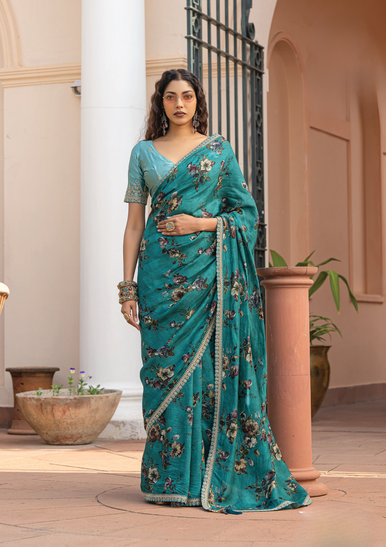 Pure Viscose Dola Silk Saree with Floral Print & Designer Embroidered Blouse – Party & Festive Wear
