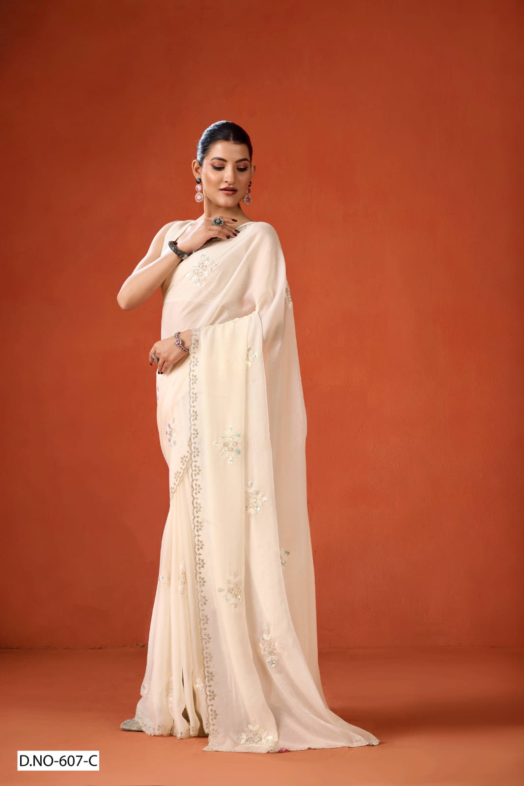 White color NC Moss Saree with Beads, Sequins & Jarkan Border Work -Kotasilk