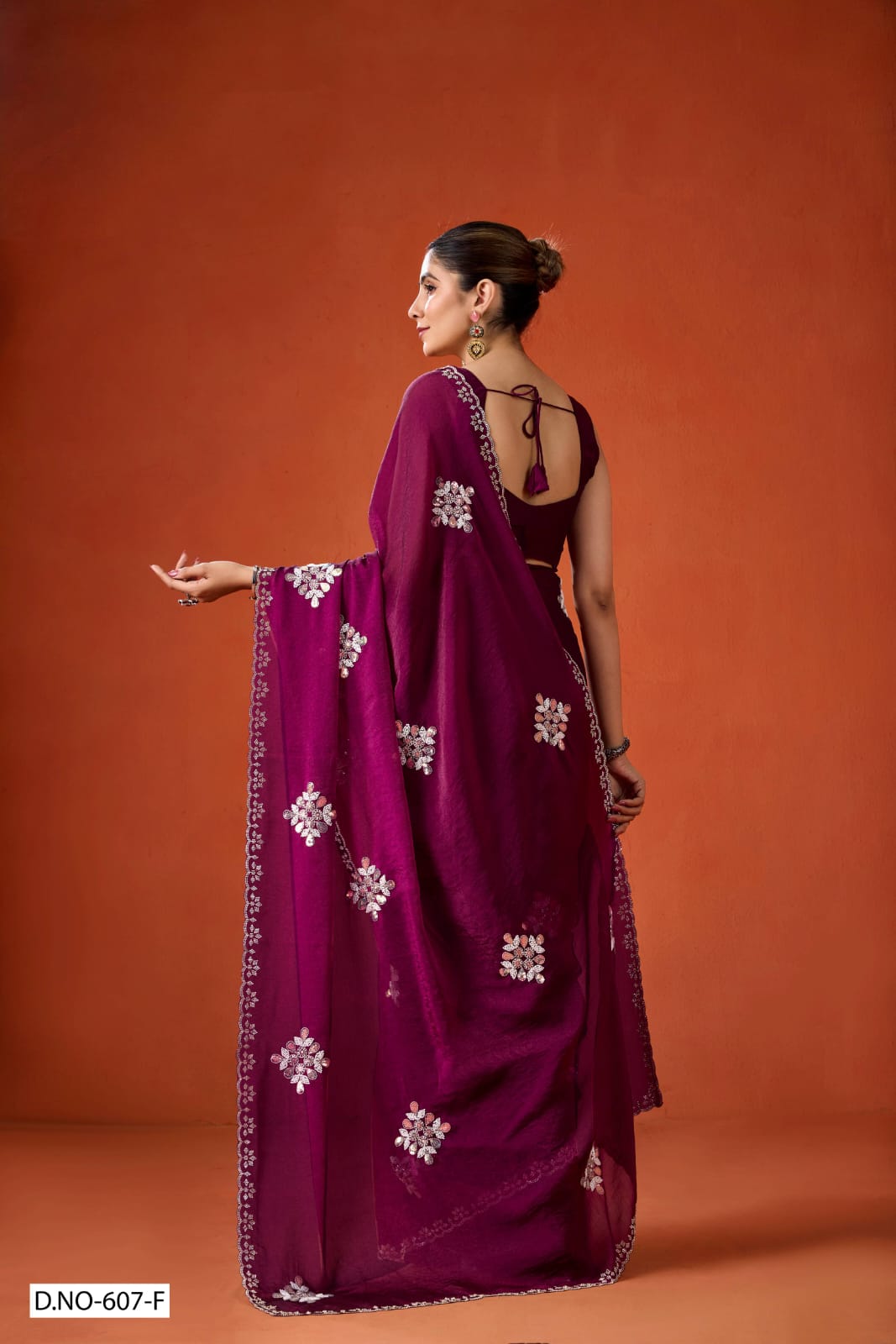 Wine color NC Moss Saree with Beads, Sequins & Jarkan Border Work -Kotasilk