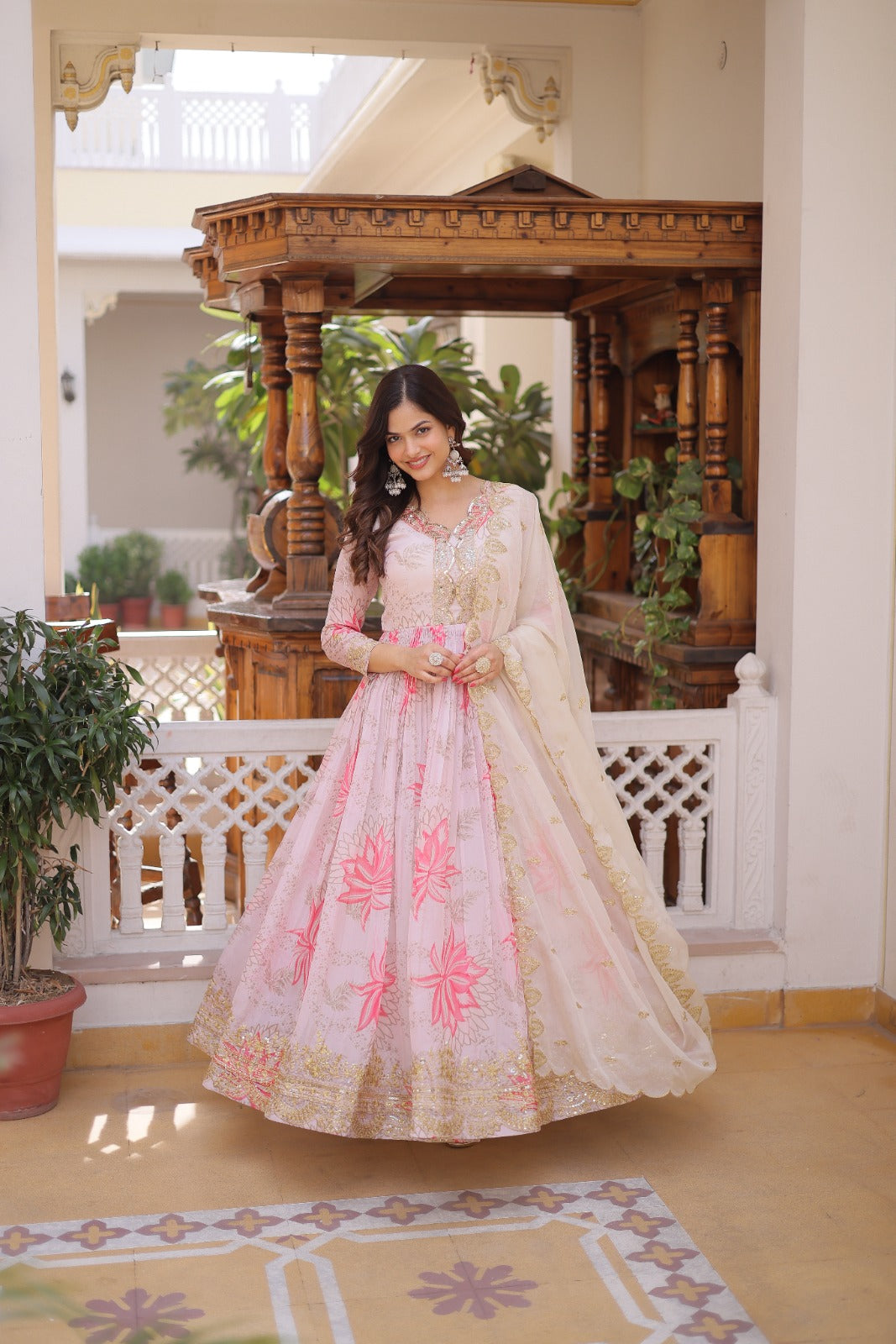 Women's Digital Printed Russian Silk Anarkali Gown with Embroidered Dupatta | Zari & Sequins Work | Party Wear Ethnic Dress