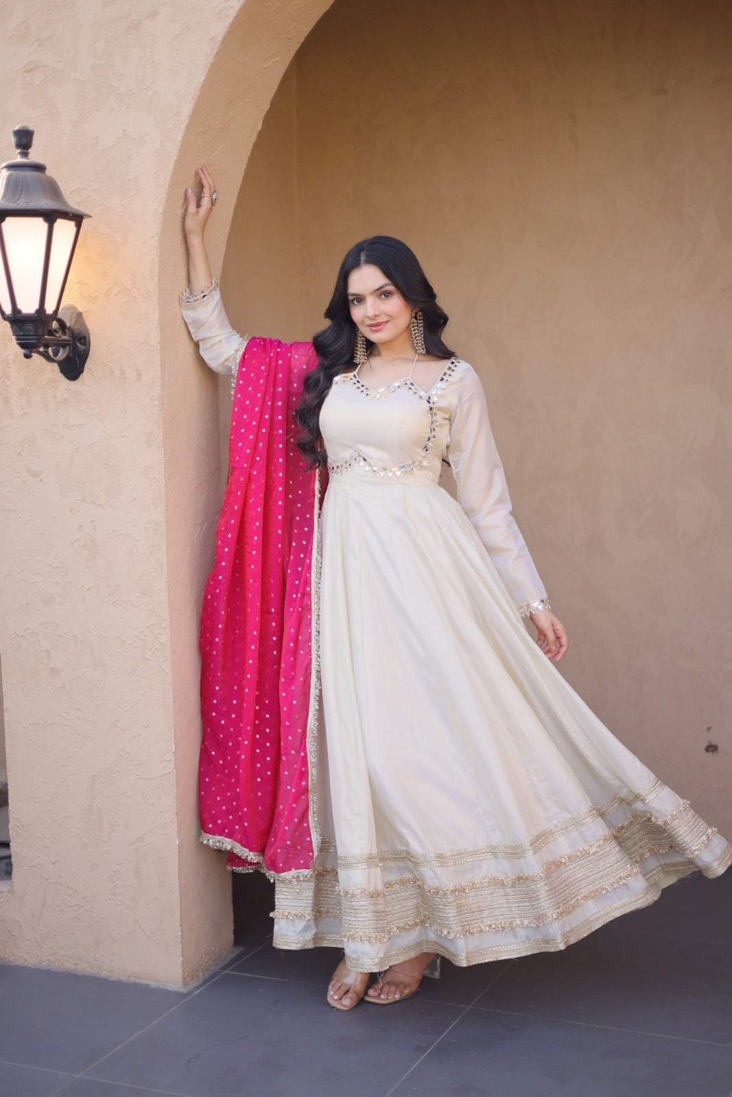 Designer Cosmos Gown with Real Mirror & Zari Embroidered Lace | Moss Butti Weaving Dupatta | Women's Wedding & Party Wear