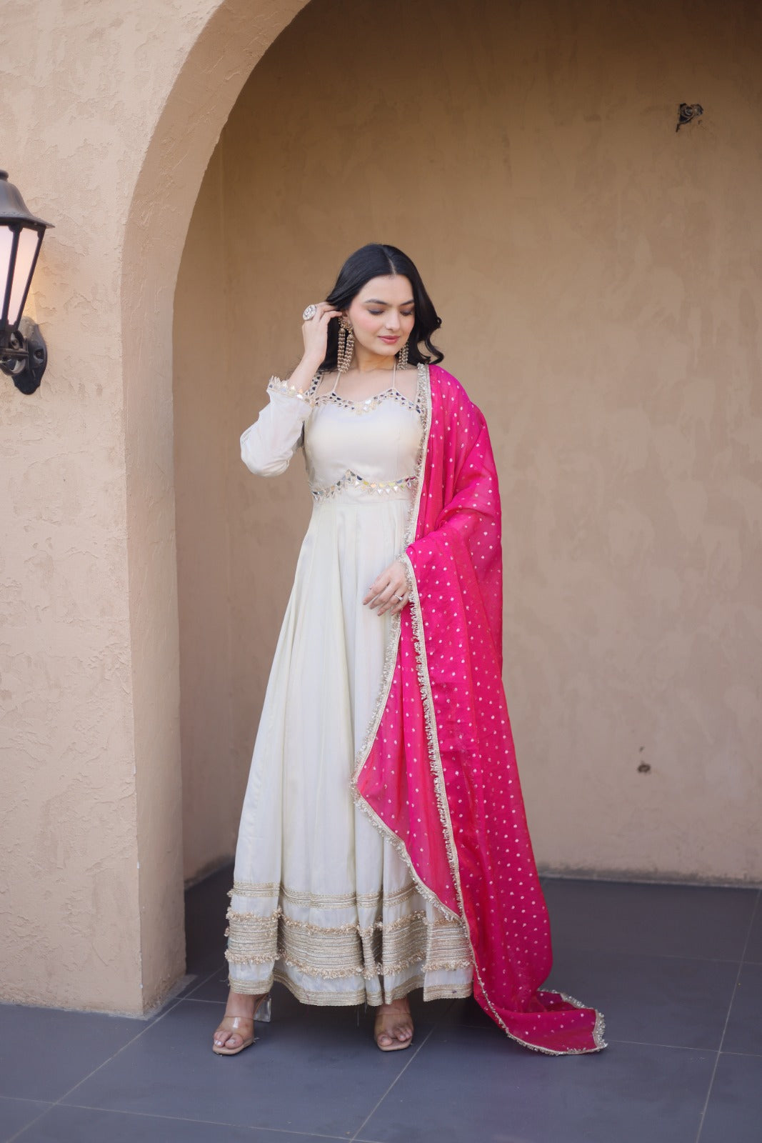 Designer Cosmos Gown with Real Mirror & Zari Embroidered Lace | Moss Butti Weaving Dupatta | Women's Wedding & Party Wear