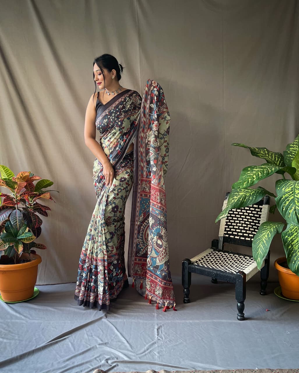 Pure Cotton Kalamkari Print Saree with Contrast Pallu & Tassels | Traditional Handcrafted Look