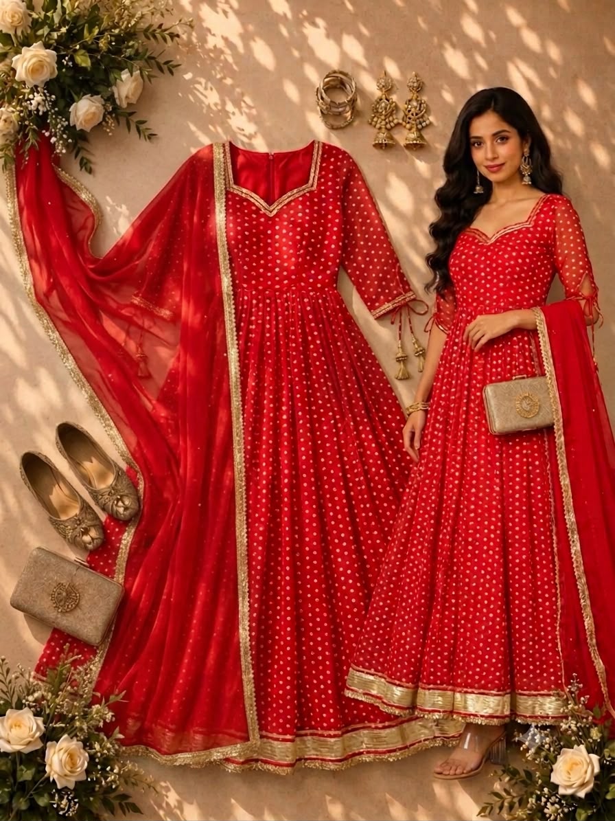 Bandhej Print Faux Georgette Gown Set with Dupatta & Bottom | Full Stitched Ethnic Gown for Festive & Party Wear