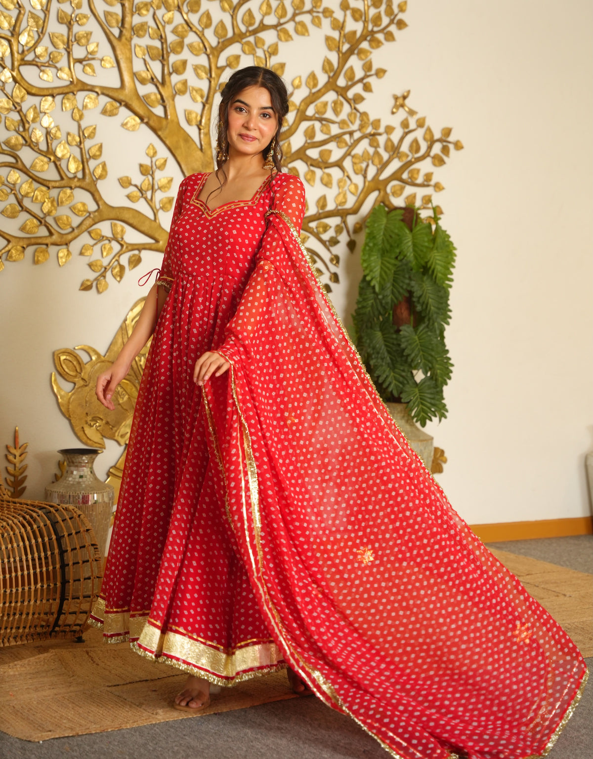 Bandhej Print Faux Georgette Gown Set with Dupatta & Bottom | Full Stitched Ethnic Gown for Festive & Party Wear