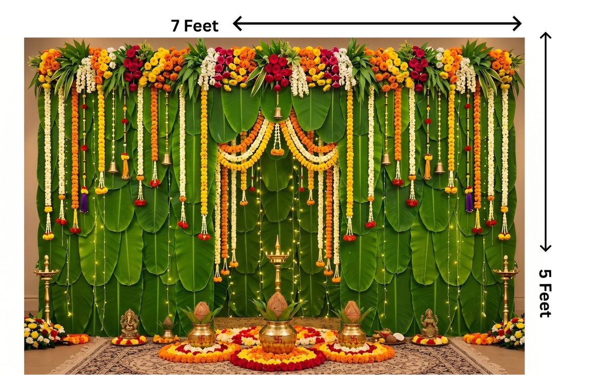 7 x 5 Feet Traditional Indian Floral Mandap Backdrop – Banana Leaf & Marigold Flower Decoration Design with Diya, Toran, Bells & Festive Pooja Decor Background