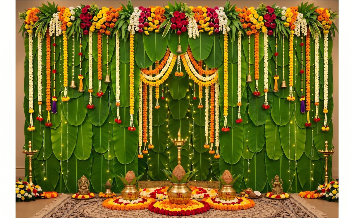 7 x 5 Feet Traditional Indian Floral Mandap Backdrop – Banana Leaf & Marigold Flower Decoration Design with Diya, Toran, Bells & Festive Pooja Decor Background
