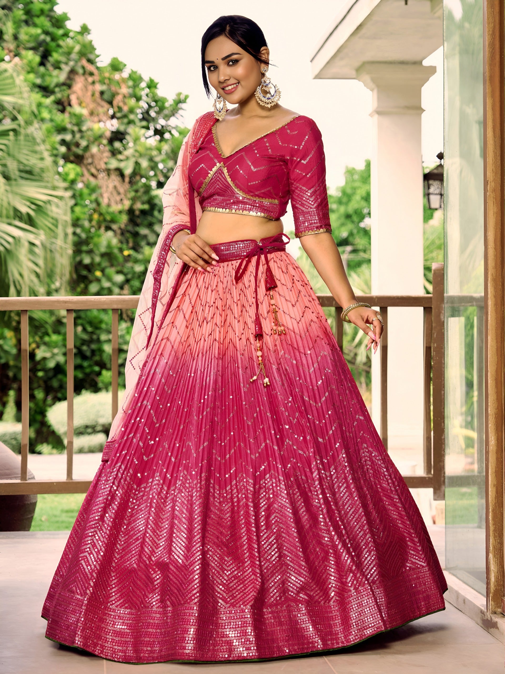 Pink Ombre Chinnon Lehenga Choli Set, Thread & Sequin Embroidery, Indian Wedding Lehenga, Bridal Party Wear with Net Dupatta