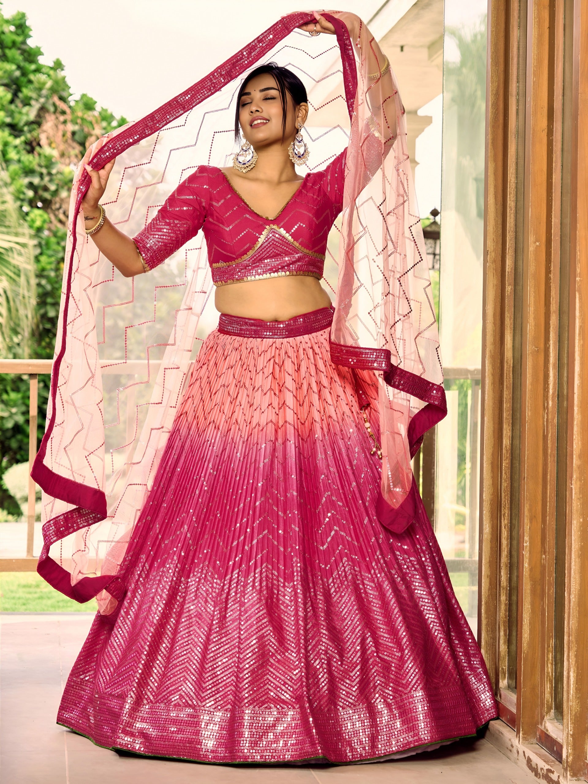 Pink Ombre Chinnon Lehenga Choli Set, Thread & Sequin Embroidery, Indian Wedding Lehenga, Bridal Party Wear with Net Dupatta