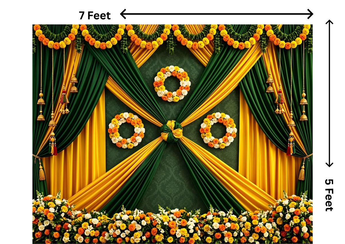 7 x 5 Feet Green & Gold Floral Backdrop – Luxury Indian Wedding Decoration Background with Draped Fabric, Marigold Garlands, Floral Rings & Hanging Bells