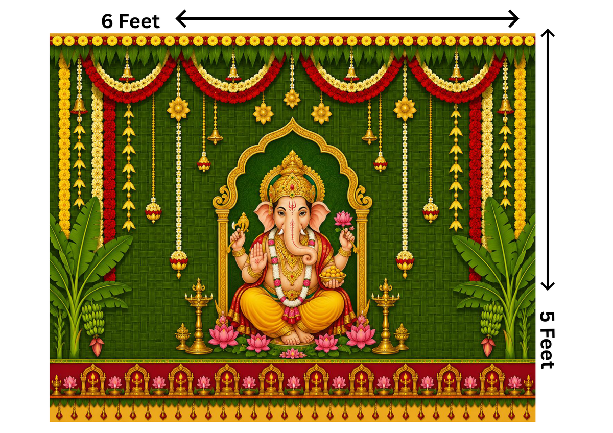 6 x 5 Feet Lord Ganesha Backdrop – Traditional Ganpati Bappa Green Background with Banana Leaves, Floral Garlands, Diyas & Temple Border for Pooja Decor