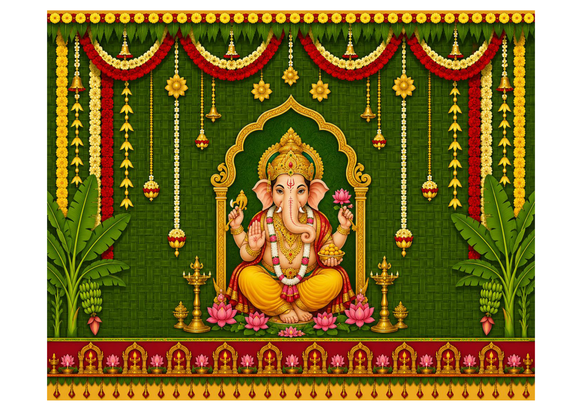 6 x 5 Feet Lord Ganesha Backdrop – Traditional Ganpati Bappa Green Background with Banana Leaves, Floral Garlands, Diyas & Temple Border for Pooja Decor