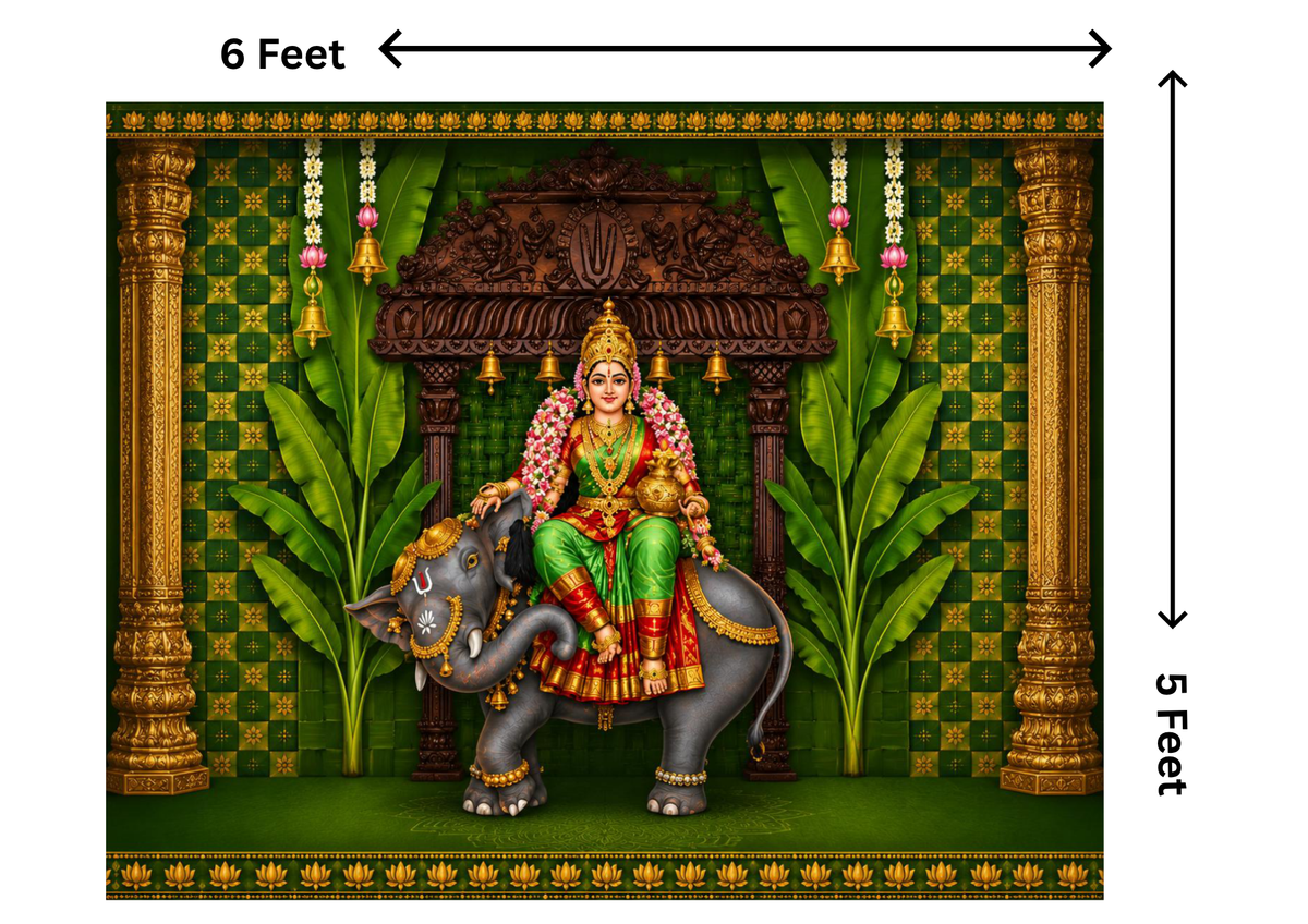6 x 5 Feet Goddess Lakshmi on Elephant Backdrop – Traditional Indian Green Temple Background with Lakshmi Devi, Royal Elephant, Banana Leaves & Golden Pillars