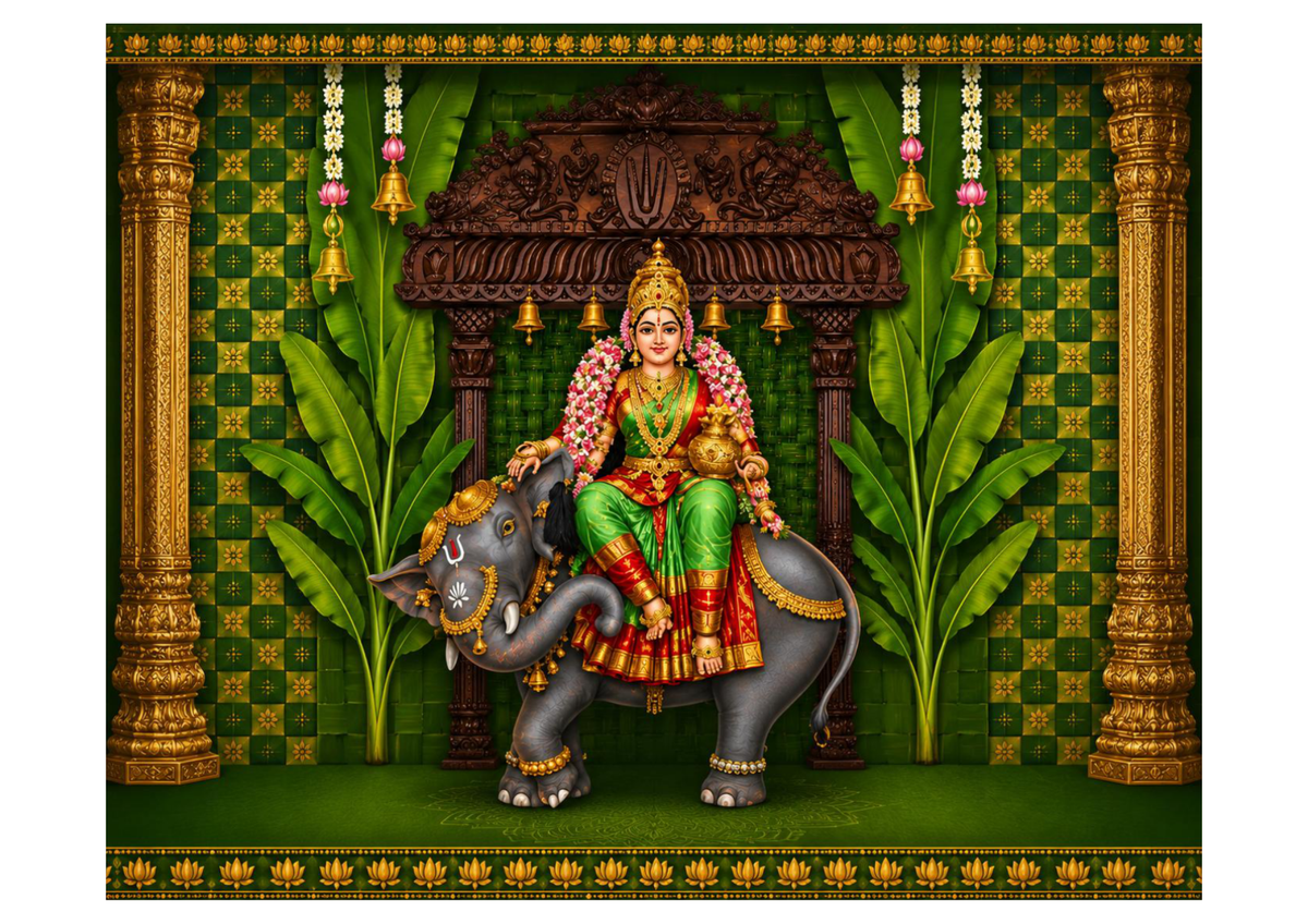 6 x 5 Feet Goddess Lakshmi on Elephant Backdrop – Traditional Indian Green Temple Background with Lakshmi Devi, Royal Elephant, Banana Leaves & Golden Pillars