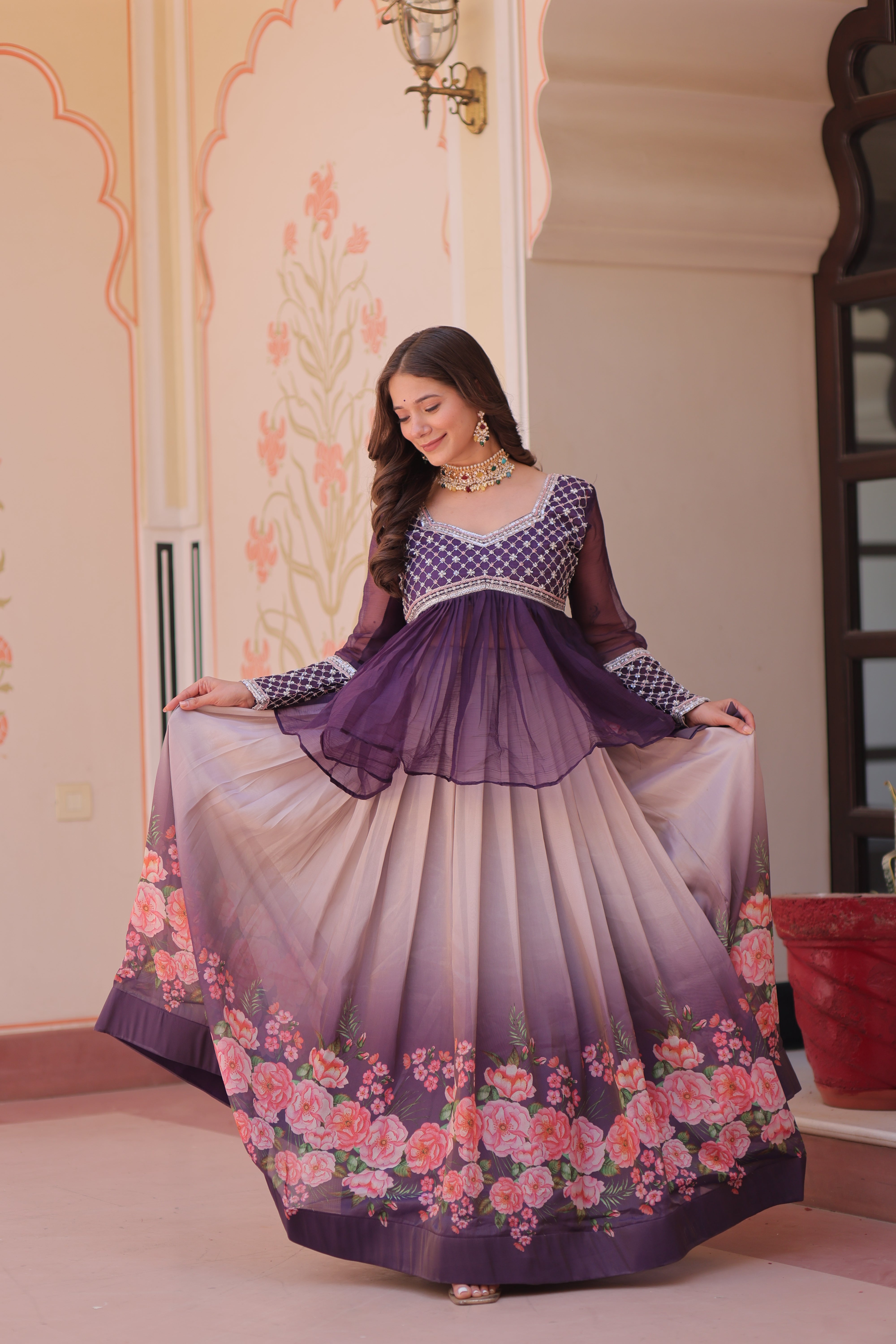 Elegant Purple Cosmos Printed Lehenga Choli with Bead Embroidered Peplum Top – Full Stitched Set