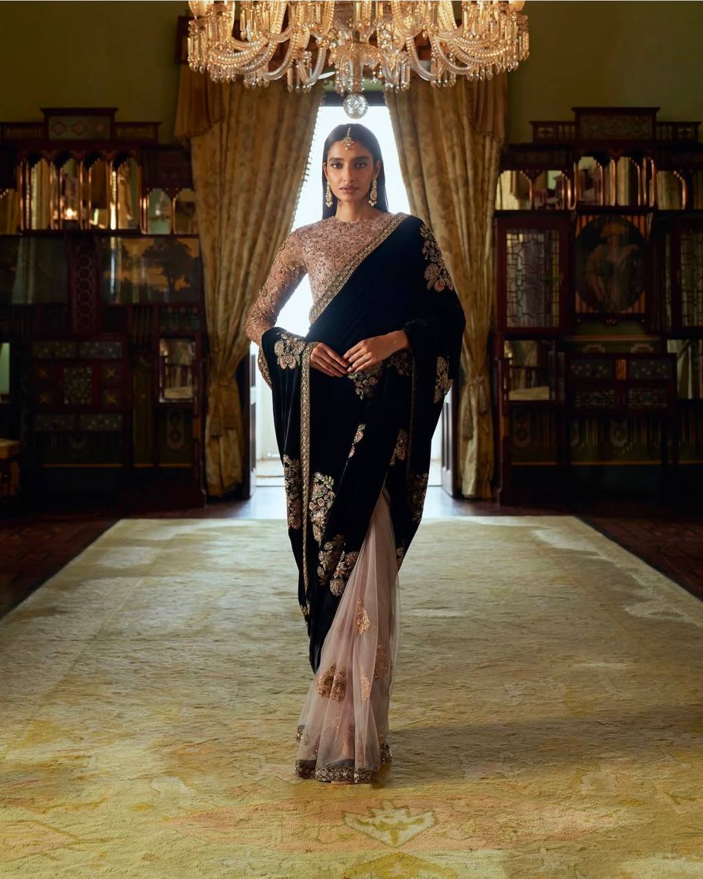 Velvet & Net Saree with Sequins, Thread & Dori Embroidery – Party & Wedding Ready