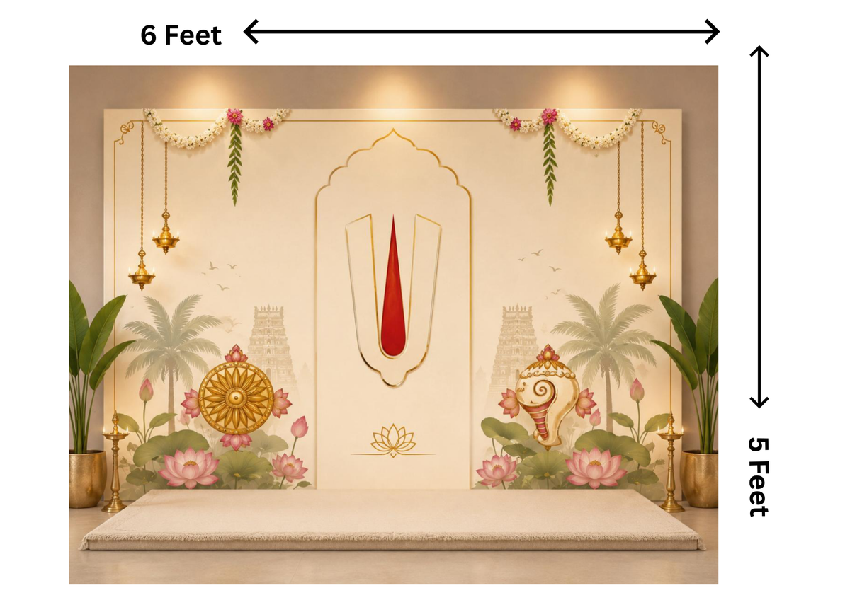 6 x 5 Feet Traditional Tirupati Tilak Backdrop – Cream Indian Temple Decoration Background with Lotus Flowers, Shankh, Chakra, Diyas & Floral Garland
