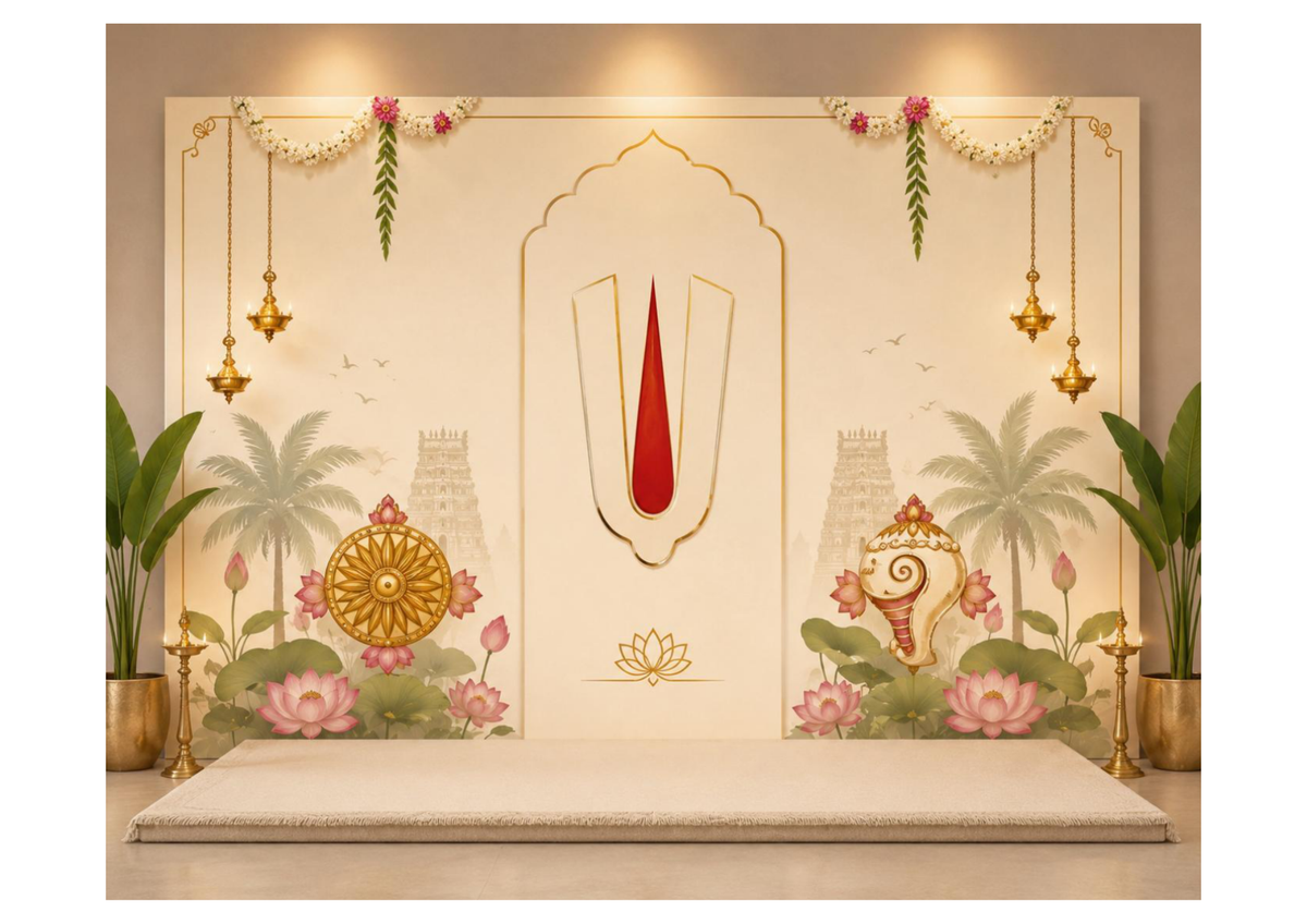 6 x 5 Feet Traditional Tirupati Tilak Backdrop – Cream Indian Temple Decoration Background with Lotus Flowers, Shankh, Chakra, Diyas & Floral Garland